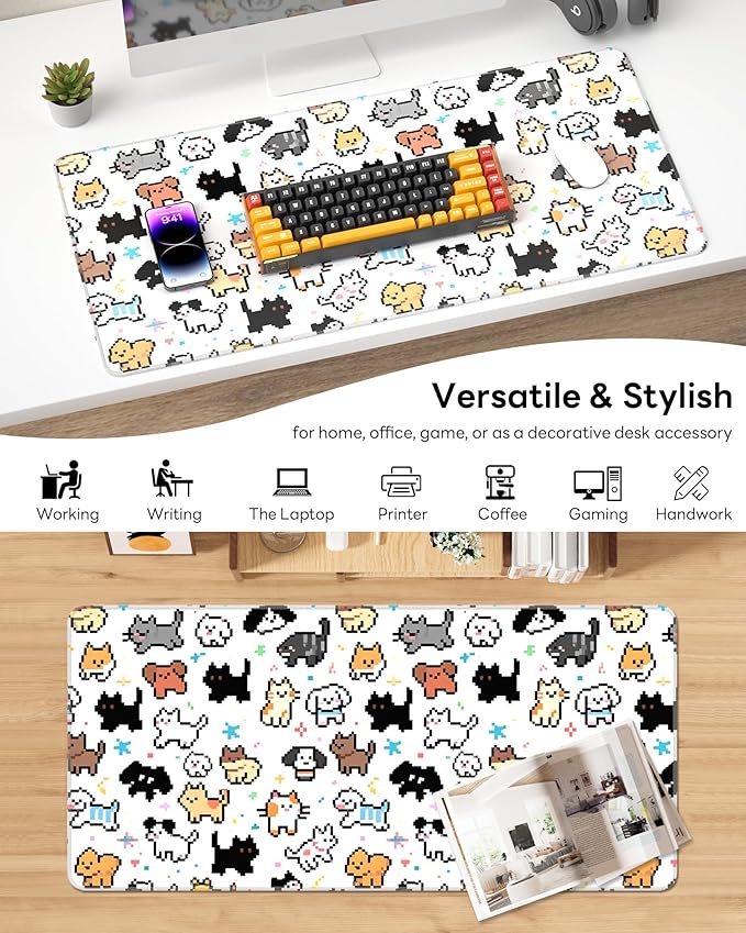 XL Gaming Mouse Pad, 31.5x15.7'' Large Desk Mat with Anti-Slip Rubber Base & Stitched Edges for Gaming, Office, Home, Cute Animals