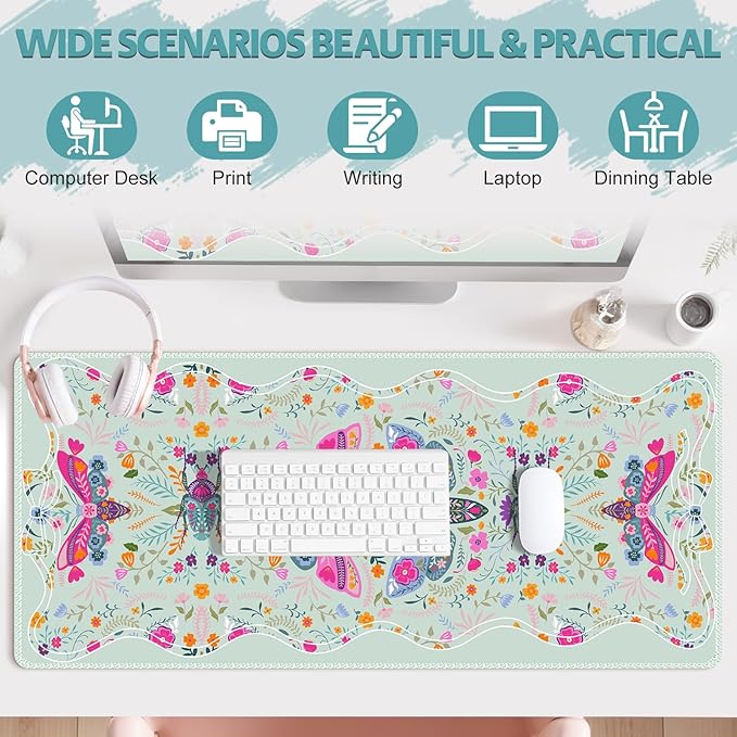 Desk Mat for Keyboard and Mouse, Large Non-Slip Mouse Pad Keyboard Pad, Computer Mats for Desktop, Cute Desk Pad with Stitched Edges for Office, Gaming I Pastel Green Floral Symmetry