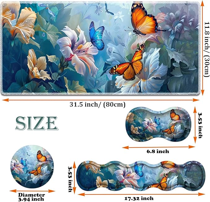 Large Gaming Mouse Pad + Keyboard Wrist Rest + Wrist Support + Coaster Set, Memory Foam Ergonomic for Easy Typing, XXL Extended Gaming Mouse Pad Table Pad - Painting Butterfly
