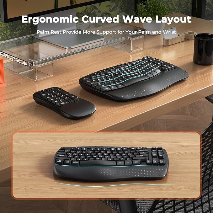 MEETION Ergonomic Keyboard with Separate Numeric Keypad, Wave Wireless Flexible 2-in-1 Setup for Multi-Device, 2.4G/Bluetooth Split Design with Wrist Rest for Accountants/Data Entry/Left-Handed