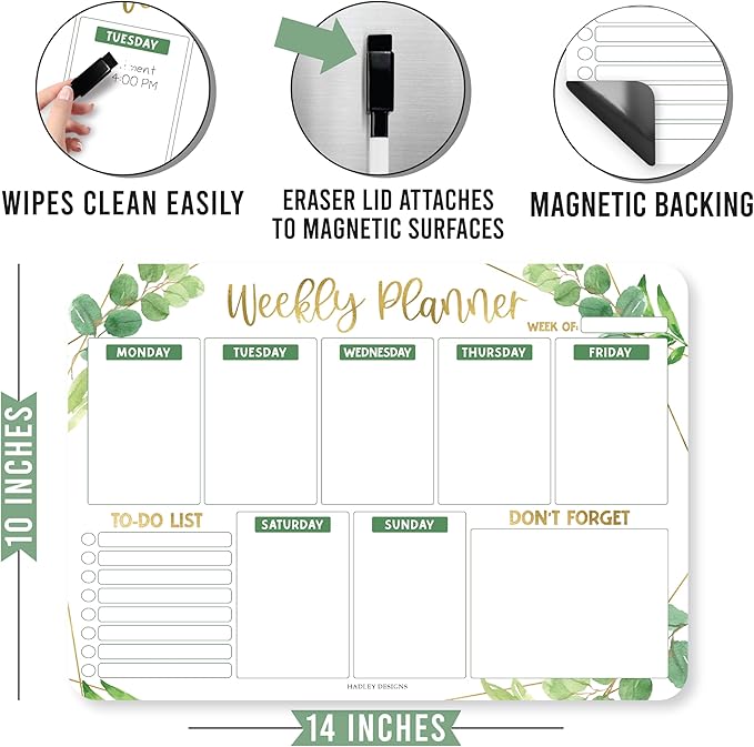 Greenery Dry Erase Weekly Calendar for Fridge - Magnetic Whiteboard, Schedule Board, White Board