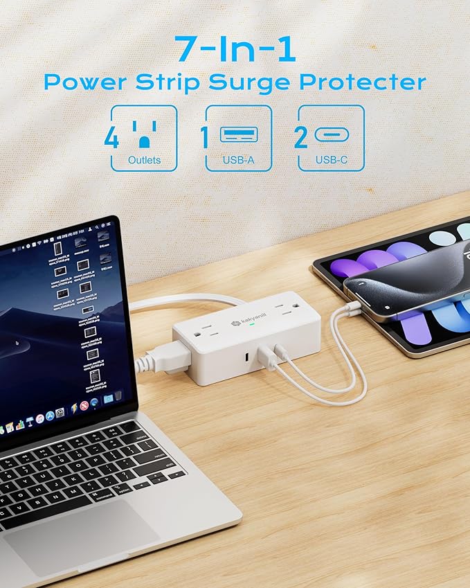 Surge Protector Power Strip, 10 ft Flat Extension Cord with 4 Outlets 3 USB Ports (2 USB C), Flat Plug Power Strip with 900 Joules Protection, Suitable for Home Office Dorm Room, White