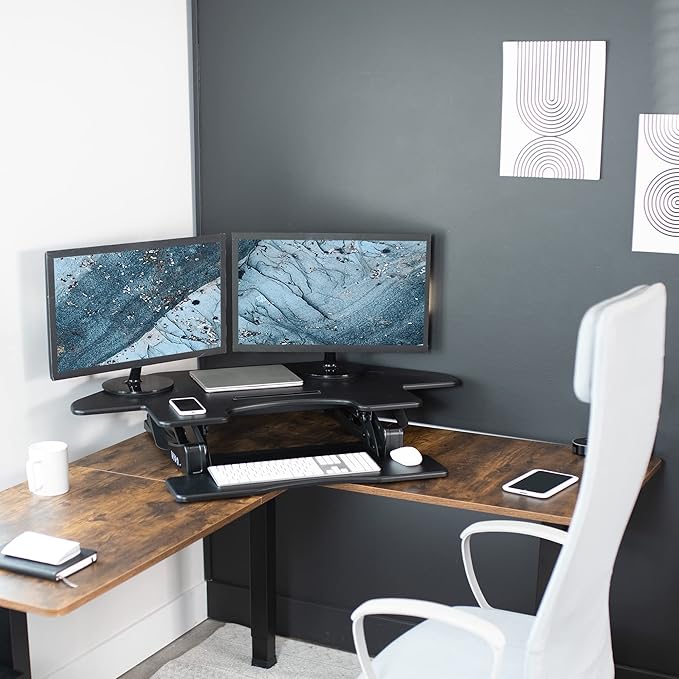 VIVO 43 inch Corner Height Adjustable Cubicle Stand Up Desk Converter, V Series, Quick Sit to Stand Tabletop Dual Monitor Riser Workstation, Black, DESK-V000VC