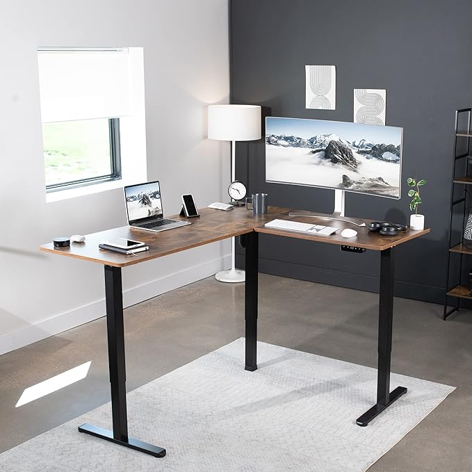 VIVO Corner Standing Desk, 63 x 55 inch Reversible L-Shaped Workstation, Electric Height Adjustment, Home, Office, and Reception Rooms, Rustic Vintage Brown Table Top Black Frame, DESK-E3CTN