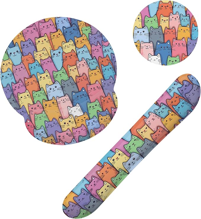 Cute Cat Mouse Pad with Wrist Rest Set, 3-in-1 Wrist Support Mousepad Set, Gaming Mat Pad with Anti-Skid Base,Ergonomic Memory Foam Mouse Pad Set for Women, Office, Typing, Gaming