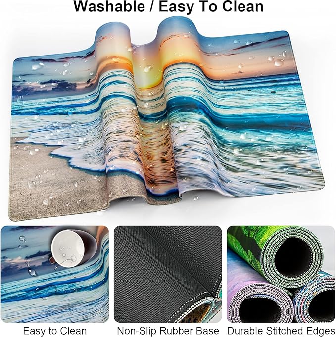 Keyboard Wrist Rest + Mouse Pad with Wrist Support + Desk Mat + Coaster 4 in 1 Set, XXL Large Gaming Mousepad Cute Ergonomic Mouse Pads for Desk Computer Laptop Office Decor-Beach