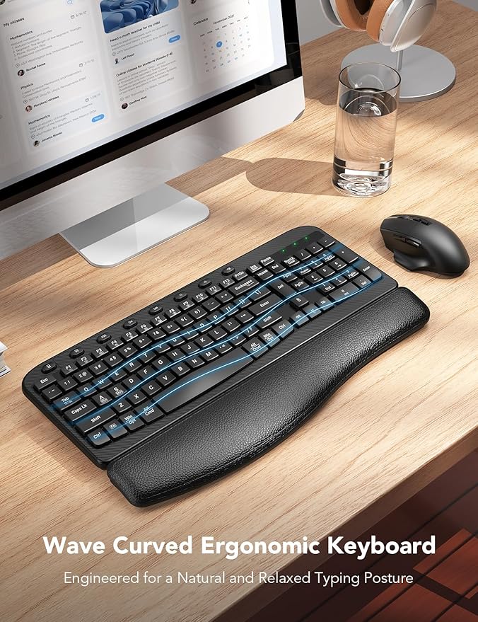 Wireless Keyboard and Mouse Combo – Ergonomic Wave Key, Built-in Leather Soft Palm Rest, 2.4G Full Size, 6-Button Mouse with 4-Level DPI, Dual USB-A/USB-C, MA12 for Windows & macOS Compatible- SABLUTE