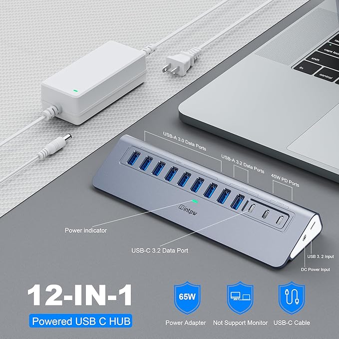 Powered USB Hub 10Gbps, intpw YH9AC 12-Port USB Splitter with USB A/USB C 3.2, 4 USB 3.0, 2 PD 45W Charging Ports, 65W Power Adapter + 3.3FT Cable, Aluminum USB Extender Hub for Laptop/PC/iPhone 16/15