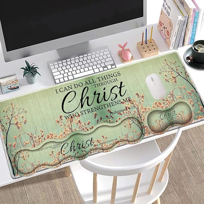Large Gaming Mouse Pad + Keyboard Wrist Rest + Wrist Support + Coaster Set, Memory Foam Ergonomic for Easy Typing, XXL Extended Gaming Mouse Pad Table Pad - Sakura Philippians 4-13