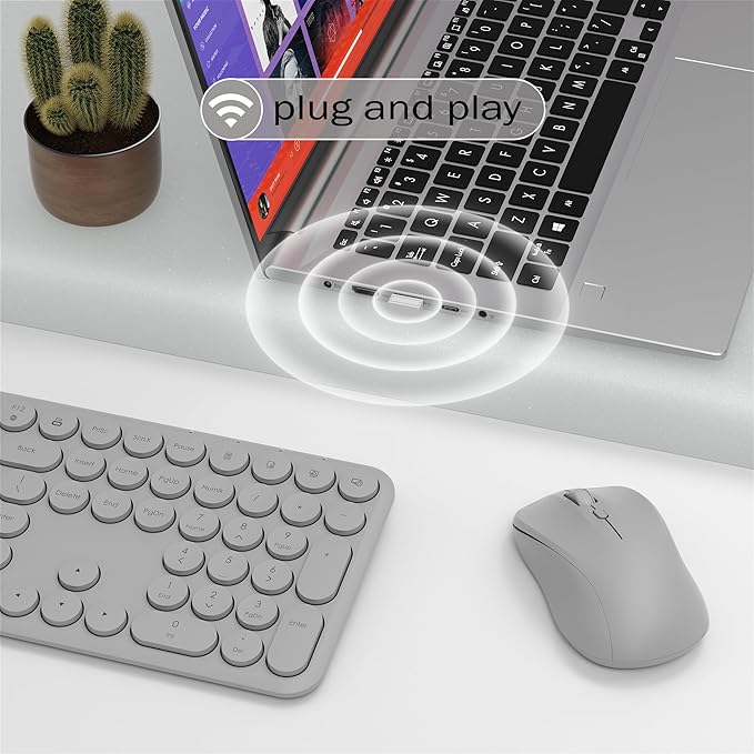 Wireless Keyboard and Mouse Combo, 110 Round Quiet Keys, Adjustable Optical Mouse, Share 1xUSB Receiver, Power Switch, for Windows Mac(Gray)