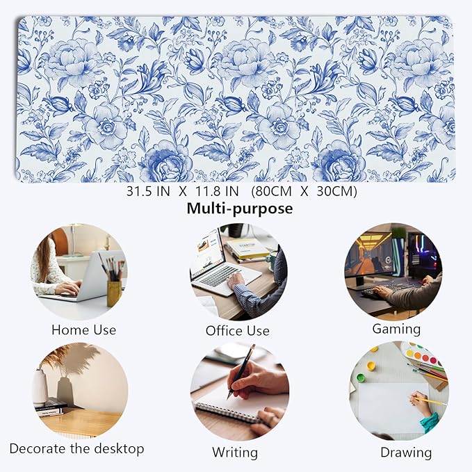 Blue Chinoiserie Mouse Pad,Blue and White Floral Desk Mat,XL Large Floral Preppy Trendy Mouse Pad,Girly Gaming Mousepad,Girly Laptop Desk Mat for Dorm Home Office Decoration,31.5x11.8 Inch