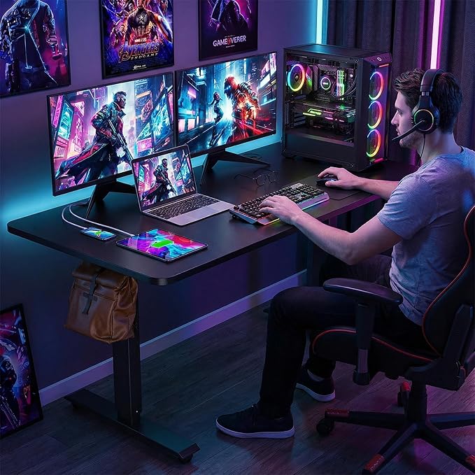 farexon Electric Standing Desk Adjustable Height, 55 x 24 Inch Stand up Desk with Large Mouse Pad, Rolling Wheels & Foot Pad,27''-46'' Lifting Range Home Office Computer Desk(Black)