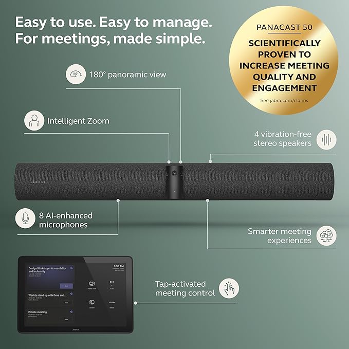 Jabra PanaCast 50 Video Bar System - All-in-one Meeting Room Solution, Audio bar, 180° Full-Room Webcam, Intelligent AI-Enabled Features, and PanaCast Control Touchscreen - MS Teams Certified - Black