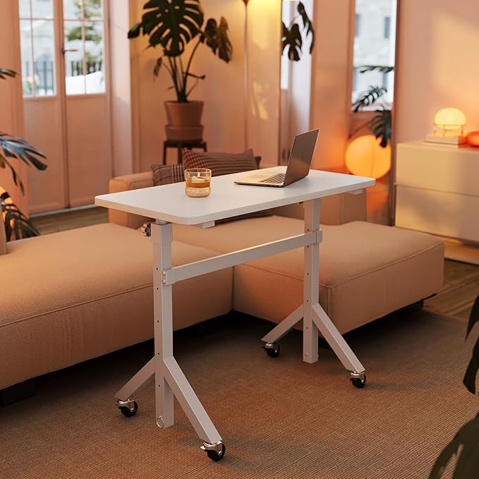 HUANUO 32'' Small Standing Desk with Wheels,28.7"-46.1" Heigh Adjustable Portable Rolling Desks,Mobile Stand Up Desk for Walking Pad and Treadmill,Sit to Stand Computer Workstation for Bedroom,White