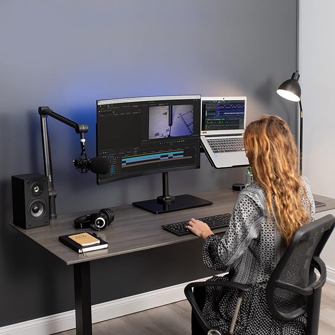 VIVO Free Standing Single Computer Monitor and Laptop Combo Desk Stand with Sleek Glass Base, Fits up to 32 inch Monitors and 17 inch Laptops, Black, STAND-V002FGL