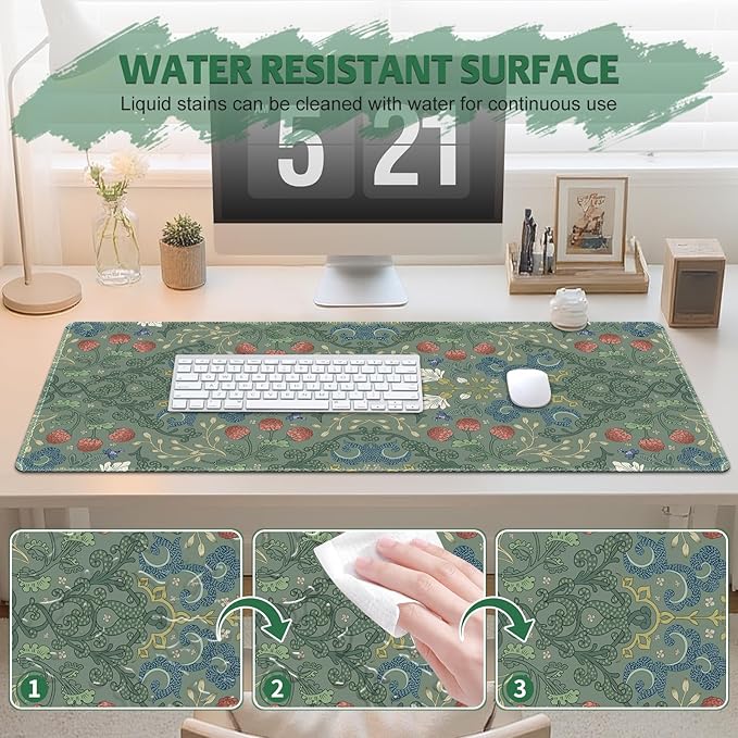 Desk Mat for Keyboard and Mouse, Large Mouse Pad Non-Slip Keyboard Pad, Computer Mats for Desktop, Cute Desk Pad with Stitched Edges for Office, Gaming I Sage Green Botanical
