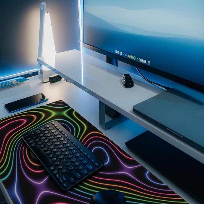 Desk Mat, Colorful Neon Topographic Contour Map Extended Gaming Mouse Pad Large, 35.4"x15.7" Big Mouse Pad with Non-Slip Base and Stitched Edge, Long Computer Keyboard Mouse Mat for Home Office Work