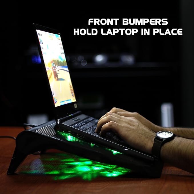 Enhance Gaming Laptop Cooling Pad Stand with LED Cooler Fans, Adjustable Height, & Dual USB Port for 17 inch Laptops - 5 Ultra Quiet High Performance Fans 2630 RPM & Built-in Bumpers - Green