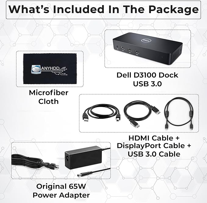 D3100 Dell Dock USB 3.0 Ultra HD/4K Triple Display - 1 Year Warranty with 65W Power Adapter + HDMI Cable + Display Port Cable + USB 3.0 Cable + Microfiber Cloth Included (Renewed)