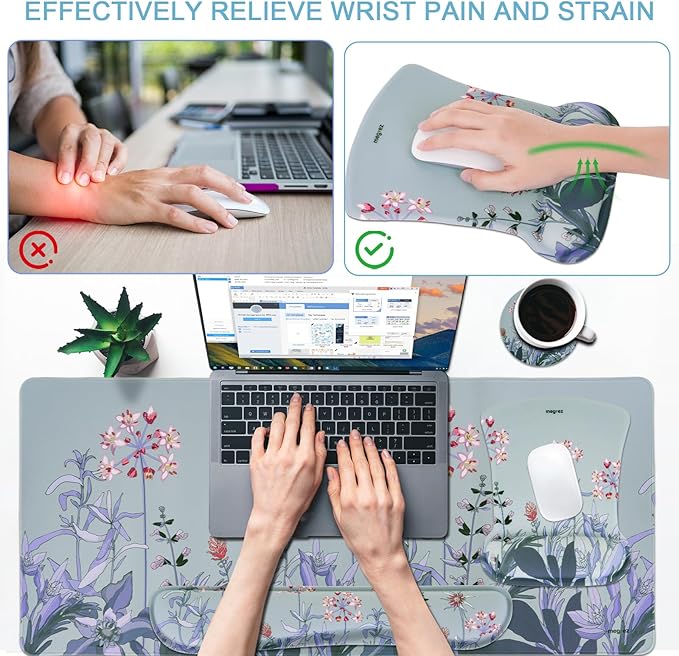 MEGREZ 4-in-1 Ergonomic Memory Foam Wrist Rest Set, Desk Pad, Mouse Pad with Wrist Rest, Keyboard Pad, Suitable for Office Workers, Programmers & Gamers–Relieve Typing & Gaming Fatigue, Blue Gray
