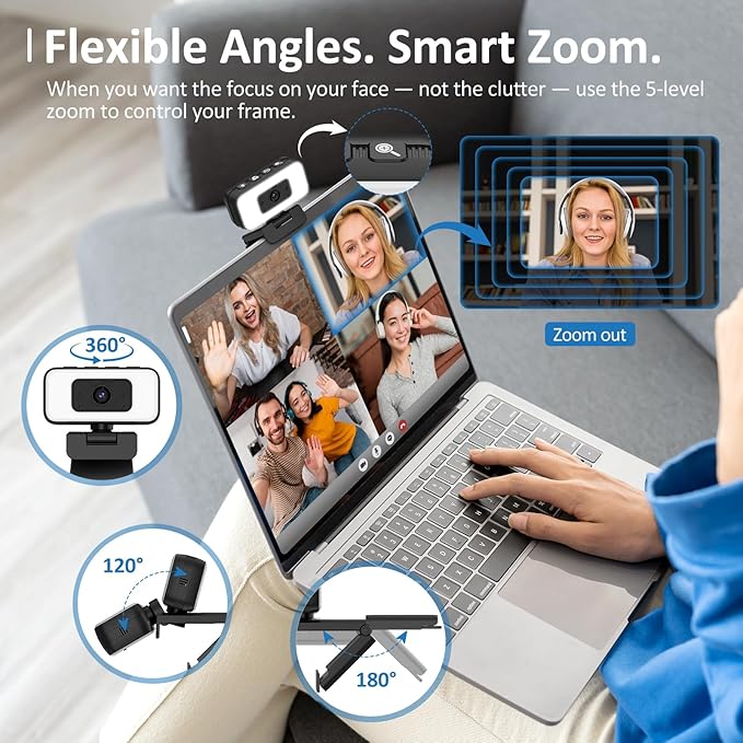 2K Webcam for Laptop, Computer Camera with Light for PC/Desktop/Mac [Light Your Face, Free Your Space] USB Webcam with Auto Anti-Disturb Backlight, Zoom & Flip, Privacy Cover, Microphone