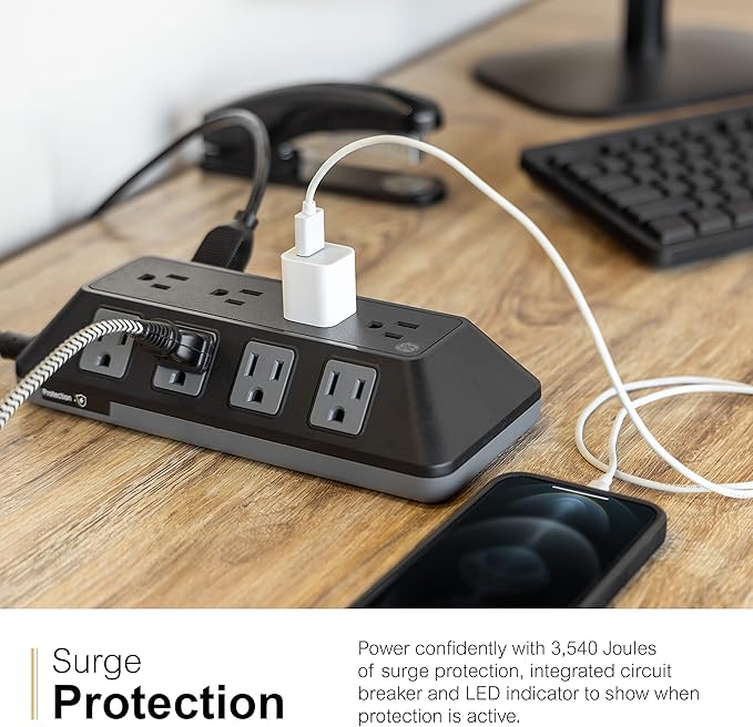 GE UltraPro Adapt 12-Outlet Surge Protector, 6ft Braided Heavy Duty Extension Cord, Flat Plug Power Strip, 3540 Joules, Black, 74542