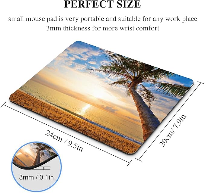 Summer Tropical Beach Mouse Pad Ocean Gold Sunrise Square Laptop Mousepad Custom Desk Aesthetic Computer Gaming Office Small Cute Palm Tree Portable Non-Slip Wireless Mat Washable Decor Accessories
