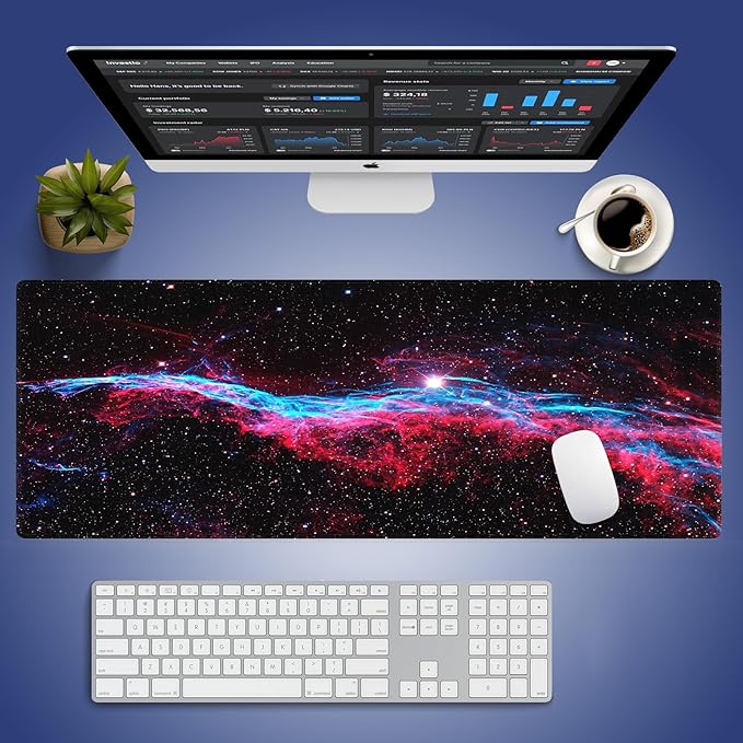 Wknoon. Extra Large Gaming Mouse Pad (31.5" x 11.8") with Durable Stitched Edges – Galaxy Glitter Primordial Nebula Space Cygnus Loop Dynamic Dance of Blue & Red, Anti-Slip Base Extended XXL Desk Mat