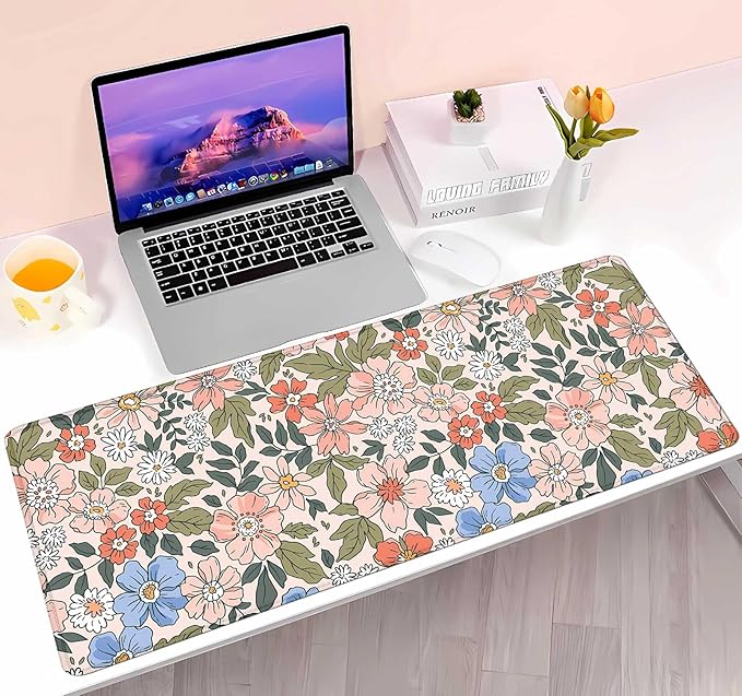 Pink Blue Floral Desk Mat Cute, XL Green Leaf Flowers Extended Mousepad, Non-Slip Rubber Base Stitched Edge Large Mouse Pad Desk Pad for Women Gamer Office,Computer Accessories,31.5 X 11.8 in