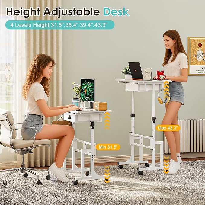 Small White Standing Computer Desk with Drawers,Height Adjustable Home Office Sit Stand Up Desk with 4 Wheels & 2 Hooks,Portable Rolling Work Study Gaming Table for Laptop Tablet Walking Pad Treadmill