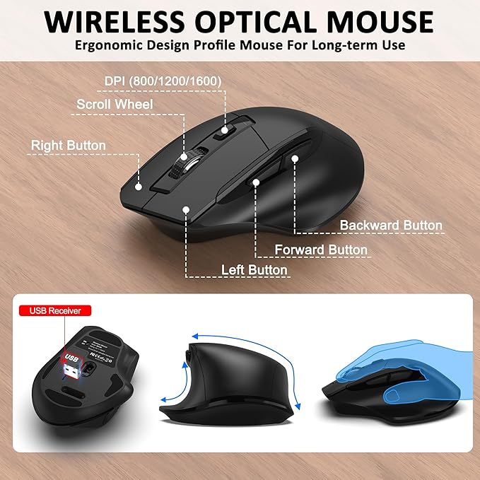 Wireless Keyboard and Mouse Combo, EDJO 2.4G Full-Sized Wave Keys Ergonomic Keyboard and Wireless Optical Mouse, Energy-Saving Wireless Mouse Keyboard for Computer, Mac, Laptop, PC, Windows