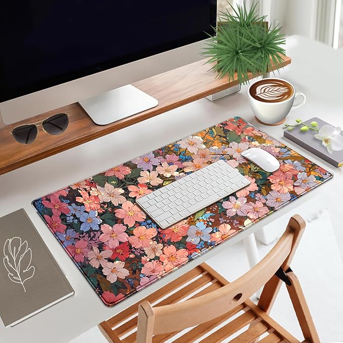 Floral Desk Mat for Women, Pastel Aesthetic Large Mouse Pad, XXL Desk Pad, Non-Slip Gaming Pad for Study Office Cubicle Decor 31.5x15.7in