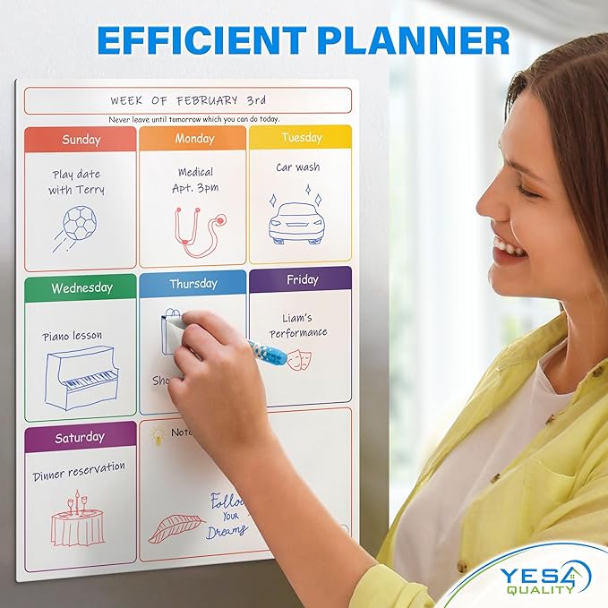 Magnetic Calendar - 16x12 Whiteboard - Dry Erase Calendar for Fridge - Monthly Refrigerator White Board Sheet with 3 Colorful Markers & Eraser, Meal Planner & Family Orgnanizer - by Yes4Quality