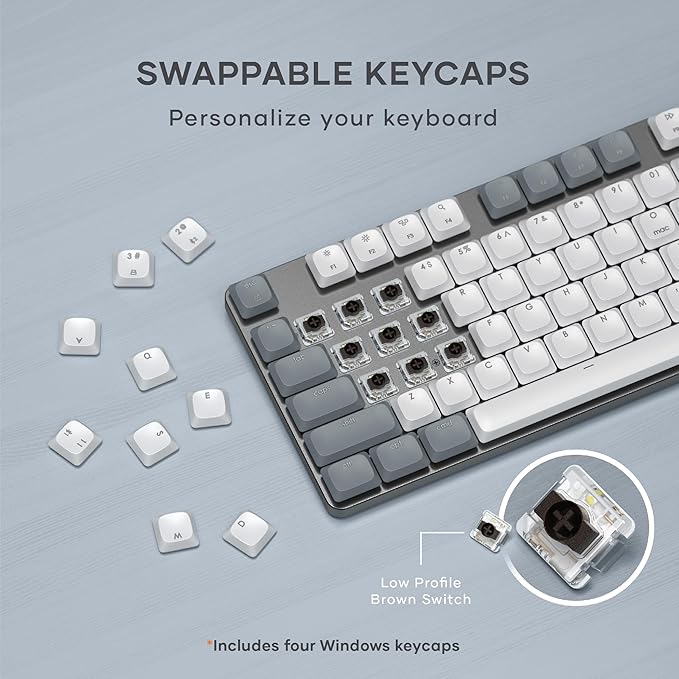 Satechi SM3 Mechanical Keyboard for Mac and Windows, 108 Keys Full Size with White LED Backlit, Wired and Bluetooth for Mac and Windows - Light Gray/White