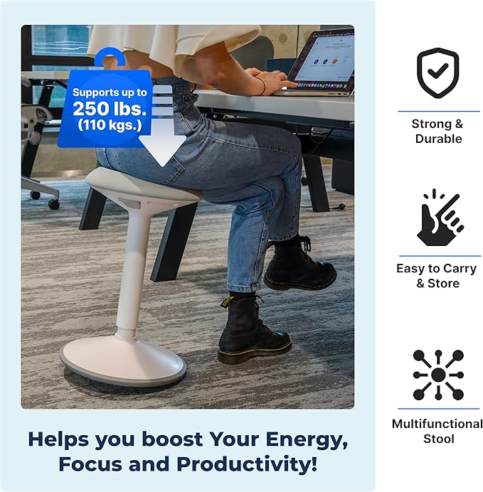 Standing Desk Stool Chair, Height Adjustable Stool 21-31 inch for Office and Classroom, Swivel Stool, Anti-Slip Bottom Ergonomic Wobble Stool with Rocking Motion, White