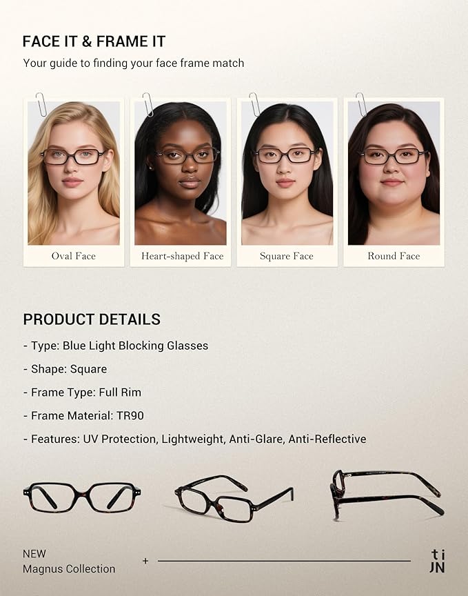 TIJN Magnus Square Blue Light Blocking Glasses for Women Men,Rectangular Computer Glasses for Gaming Work Screen Use,TR90