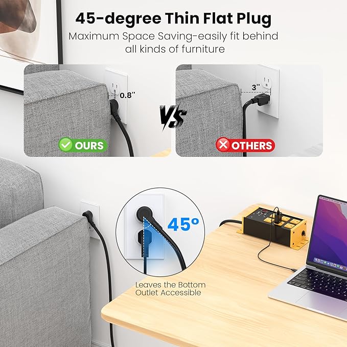JUNNUJ Heavy Duty Power Strip Surge Protector 4800J, 6 Outlets with EMI/RFI Filtering and Noise Isolated Banks, Wall Mount Metal Multiple Plugs for Industrial Garage Shop,10FT Extension Cord Flat Plug