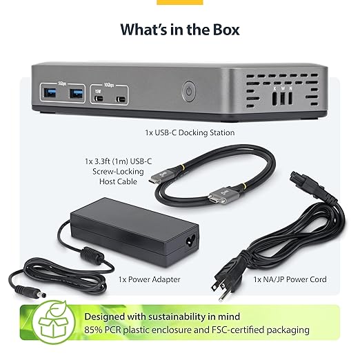 StarTech.com USB-C Docking Station Triple 4K 60Hz Displays, 100W Power Delivery, 6 USB Ports (10Gbps), Gigabit Ethernet, DisplayPort + HDMI, Driverless Windows Laptop Dock (199N-USBC-DOCK)
