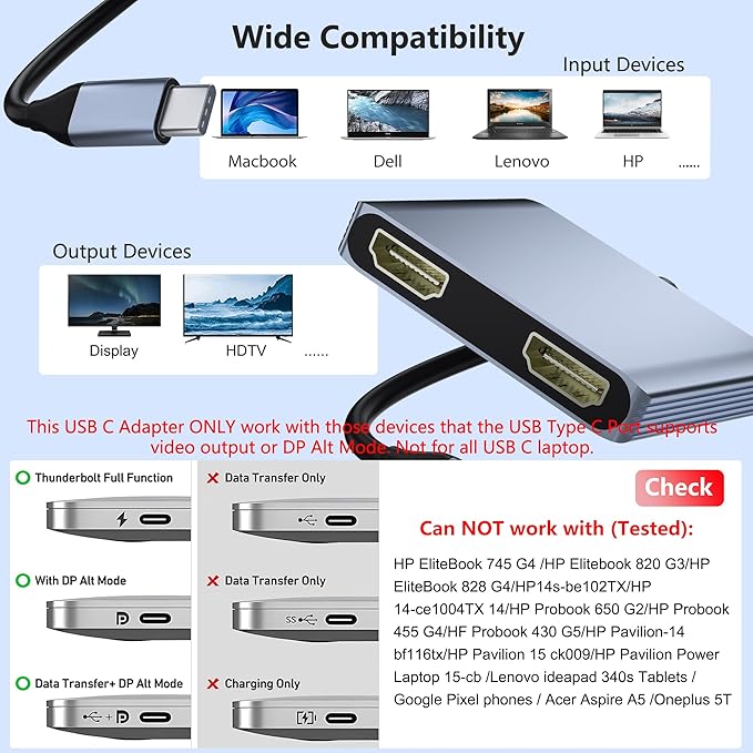 USB C to Dual HDMI Adapter, Docking Station Dual Monitor, Type C to HDMI Splitter for 2 Monitors, Supports 4K@60Hz and Dual 4K@30Hz. (MacOS only Supports SST Mode) for Laptop HP Dell Surface