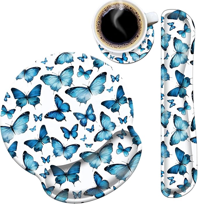 Mouse Pad Wrist Support and Keyboard Wrist Rest Pad with Coaster,Non-Slip Rubber Base Ergonomic Gaming Mousepad for Home Office Working Studying Easy Typing & Pain Relief,Blue Butterflies