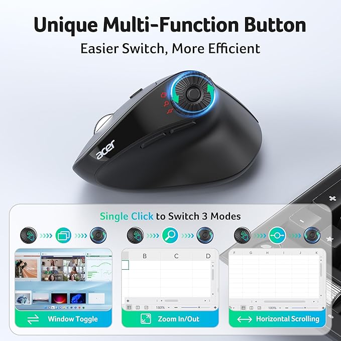 acer Ergonomic Mouse Wireless with Side Scroll Wheel, Bluetooth Mouse for Laptop(BT5.2+2.4GHz), Office Vertical Computer Mice, Small to Medium Sized Hands Ergo Mice, 8 Buttons for PC and Desktop