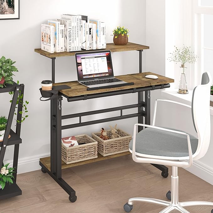 Mobile Standing Desk, Adjustable Rolling Computer Desk with 3 Desktops, Portable Laptop Table with Cup Holder, Home Office Laptop Workstation on Lockable Wheels, Black, Rustic Brown