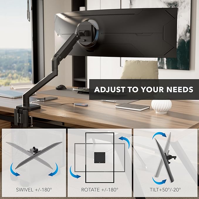 Mount-It! Proflex Series Heavy-Duty Monitor Desk Mount, Fits 17–49” Ultrawide Curved Screens, Full Motion Gas Spring Arm, 44 lbs Capacity, USB-C & USB 3.0 Ports, VESA 75/100, Clamp or Grommet Base