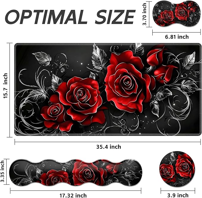 Gaming Mouse Pad Set, Swirl red Roses Large Desk Mat Mousepad, Keyboard Wrist Support, Mouse Wrist Rest, Coaster 4in1 Ergonomic Memory Foam, Non-Slip Stitched Edge for Home Office