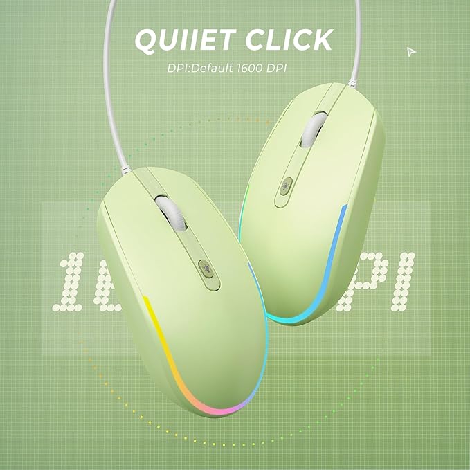 seenda Wired Mouse - USB Computer Mice Wired with RGB Backlit Optical LED Mouse with Attached USB Cord for Laptops Notebooks Chromebook - Green