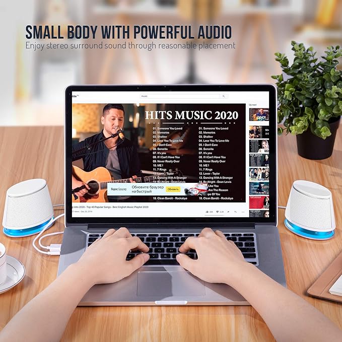 Sanyun SW102 Computer Speakers, 5Wx2, Deep Bass in Small Body, Stereo 2.0 USB Powered 3.5mm Aux Multimedia Speakers, Built-in Bottom Bass Radiators, PC Laptop Desktop Speakers, White