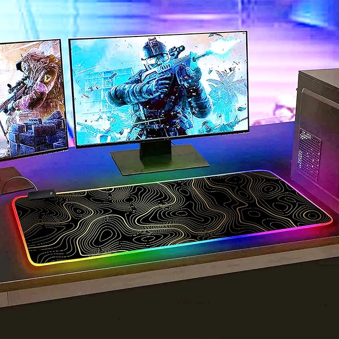 RGB Mouse Pad LED Desk Mat Large Gaming Mousepad Black and Gold Line Design, Keyboard Pad XL Mouse Mat for Home and Office (Black with Gold Topographic Line)