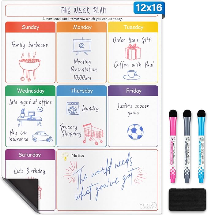 Magnetic Calendar - 16x12 Whiteboard - Dry Erase Calendar for Fridge - Monthly Refrigerator White Board Sheet with 3 Colorful Markers & Eraser, Meal Planner & Family Orgnanizer - by Yes4Quality