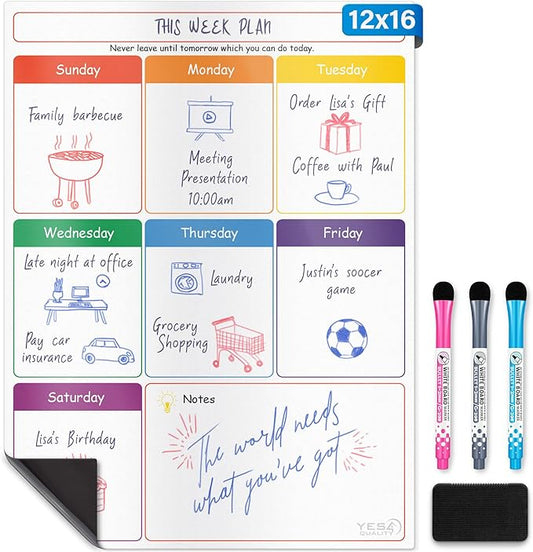 Magnetic Calendar - 16x12 Whiteboard - Dry Erase Calendar for Fridge - Monthly Refrigerator White Board Sheet with 3 Colorful Markers & Eraser, Meal Planner & Family Orgnanizer - by Yes4Quality
