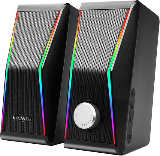 Nylavee Computer Speakers, Hi-Fi Stereo Sound PC Speakers with Bluetooth 5.0 and 3.5mm AUX-in, 14W AC Powered, Built-in Equalizer Modes and RGB Lights for Desktop PC, Monitor, Laptop, PS5, Xbox